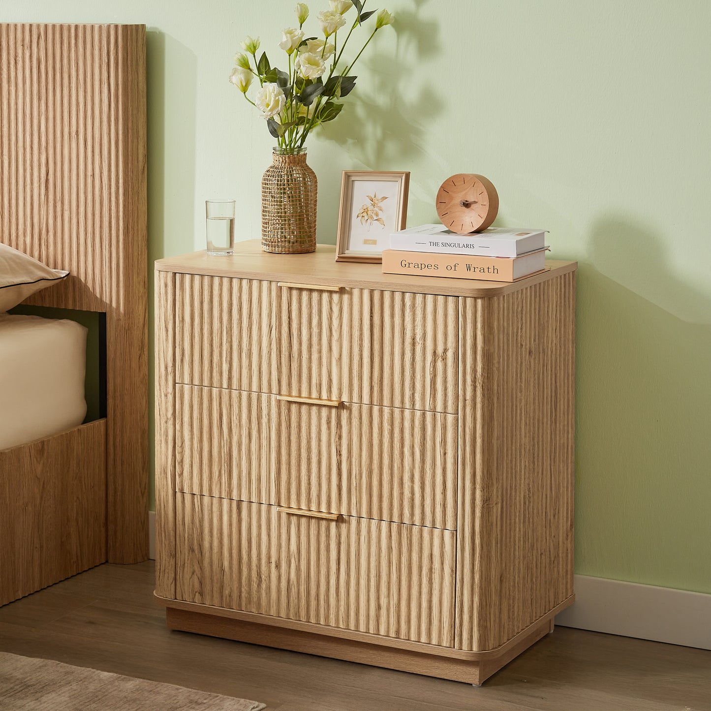 3 Drawers Drasser 2PCS, 27.6'' Wide Modern Chest Of Drawers Curved Wave Design,Nightstand,Wood Drawer Organizer For Bedroom, Living Room, Hallway, Oak,27.6''W X 15.8''D X 27.4''H.