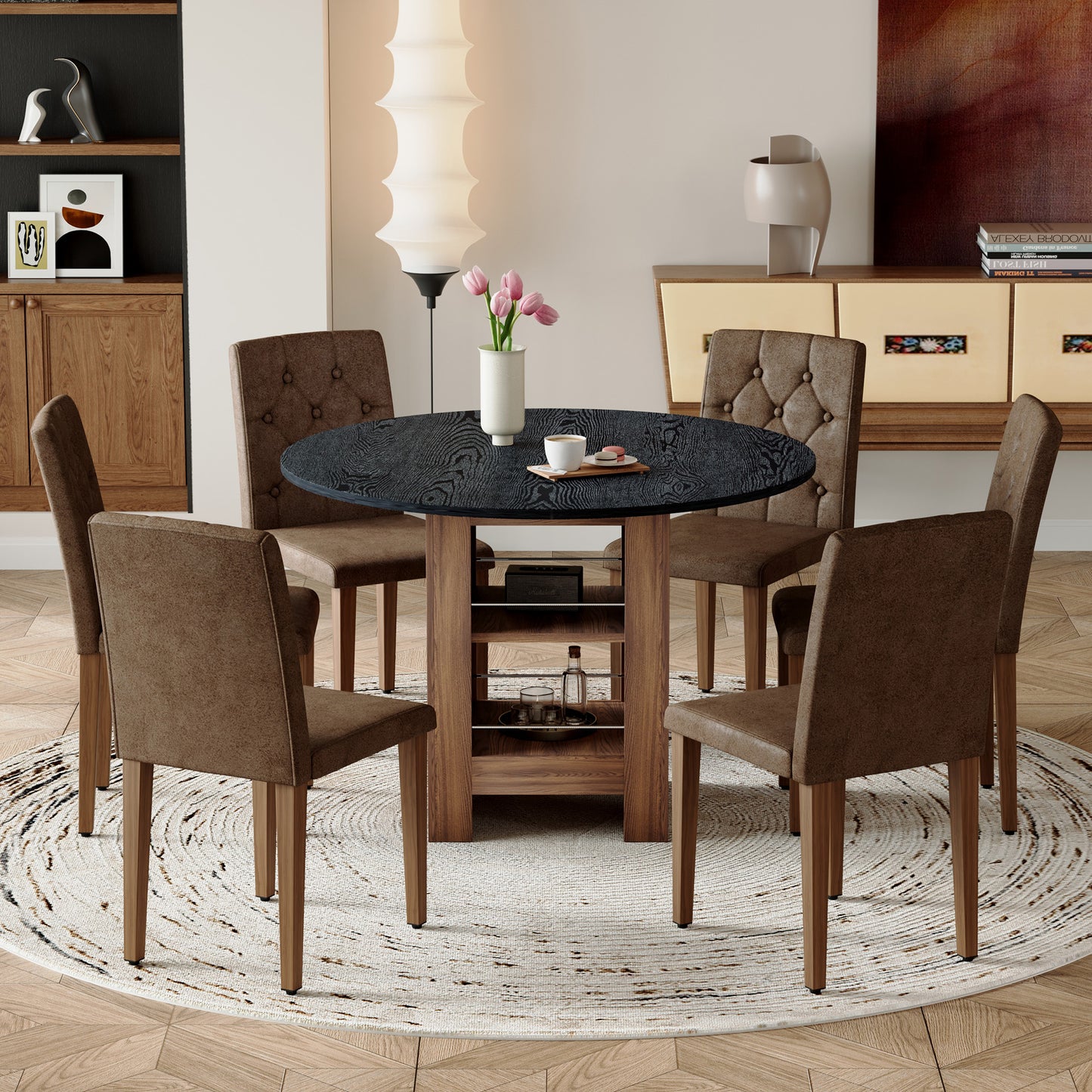 Table And Chair Set. 42 Inch Round MDF Black Dining Table With Double-layer Storage Shelves. Paired With 6 Brown Suede Fabric Chairs Features A Decorative Button-tufted Backrest,walnut Metal Legs.