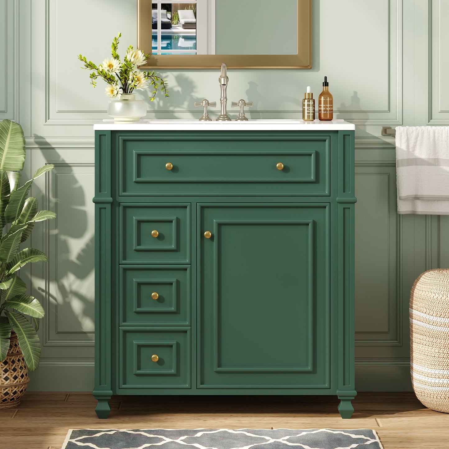 Bathroom Vanity Cabinet With Ceramic Sink Basin, 30 Inch, Storage Cabinet With Soft Close Doors And Door Organizer