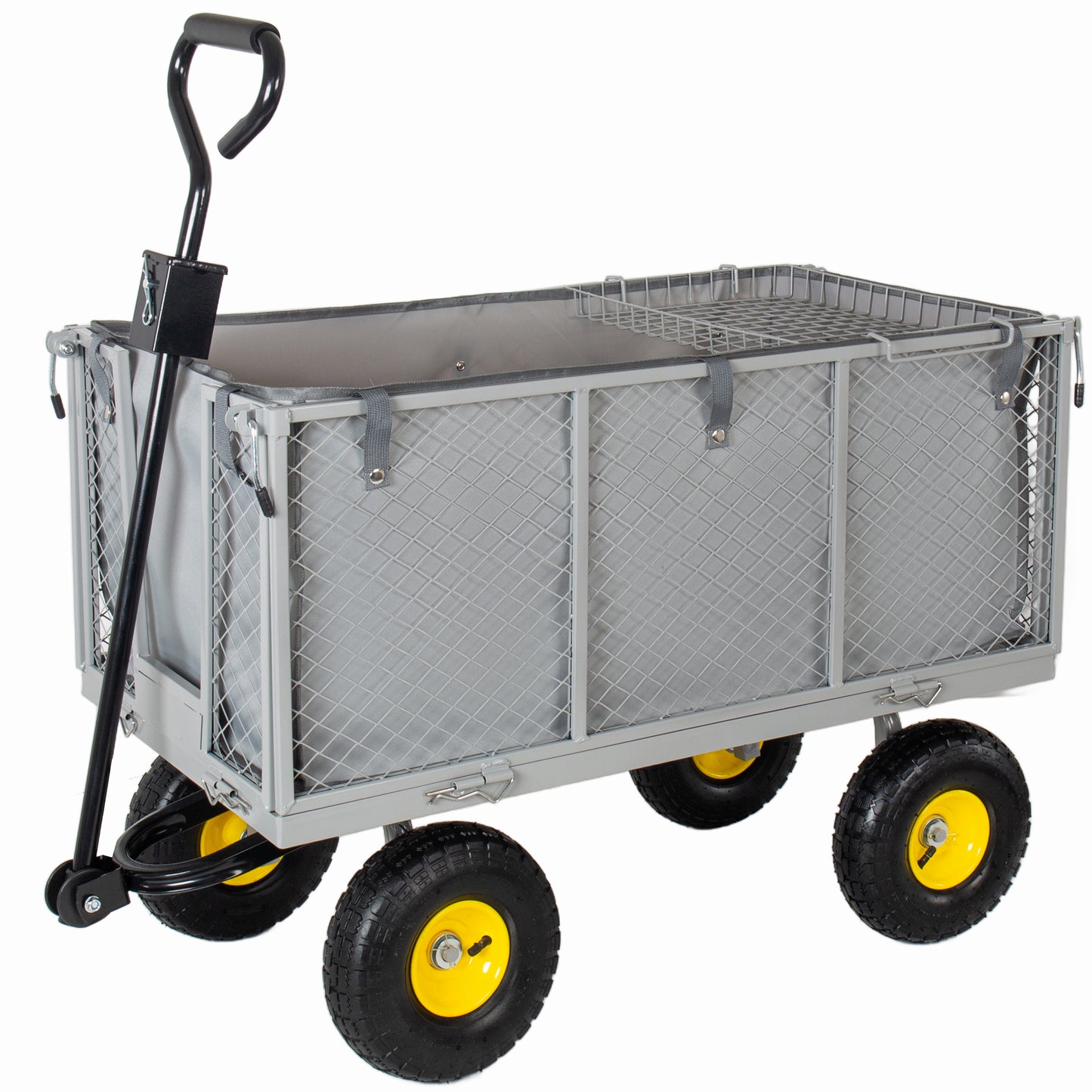 4-in-1 Oversized Steel Dump Garden Cart 880lbs Pullable Mesh Metal Garden Cart All- Terrain Utility Cart With Removable Liner & Side Panels & Mesh Tray For Outdoor Lawn Patio And Landscaping Gray