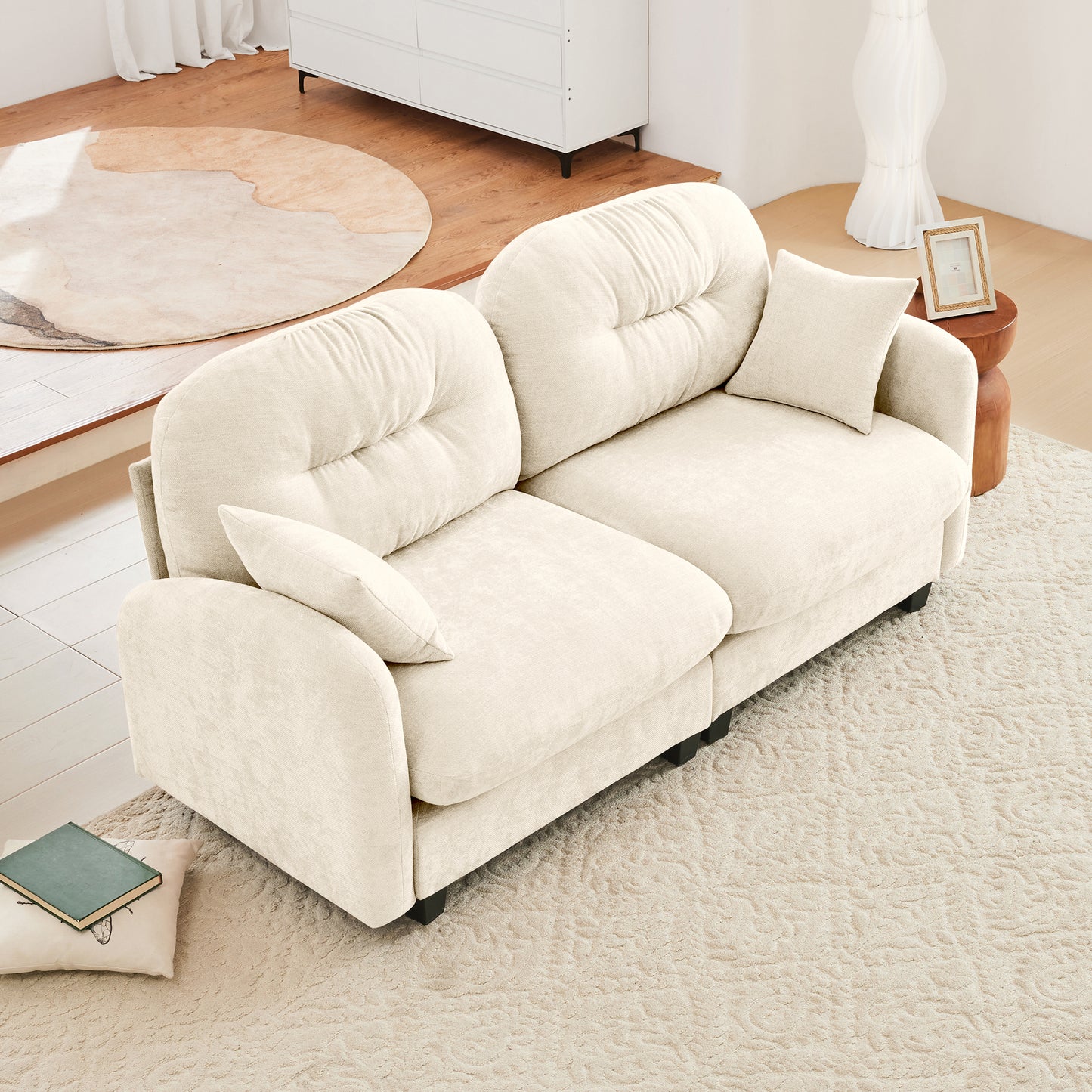 Loveseat Cloud Sectional Couches  Chenille Fabric, Quilted Pleated Design, Ergonomic Design, High-Density Foam Easy Install Elegant Armrests High Quality Wooden Base,Fits Living Rooms,Beige