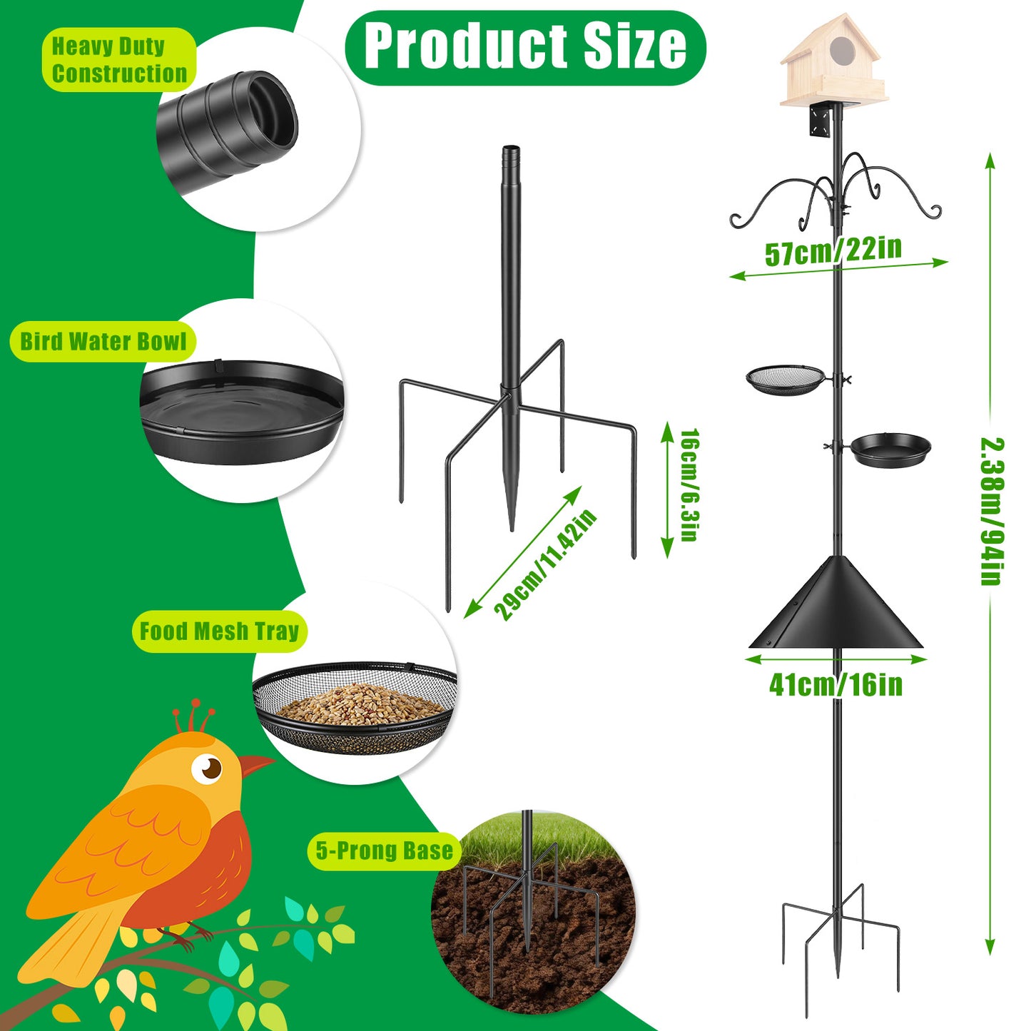 1Pc 94Inch Squirrel Proof Bird Feeder Pole Heavy-Duty Bird House Pole Outdoor Bird Feeding Station With 5 Adjustable Heights 4 Shepherd Hooks Top & Side Mount Brackets 5-Pronged Base