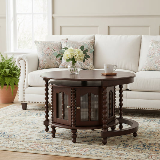Vintage Round Nesting Coffee Table, Six Bamboo-shaped Decorative Glass Doors, Retro Beaded Legs, Walnut, 31.5