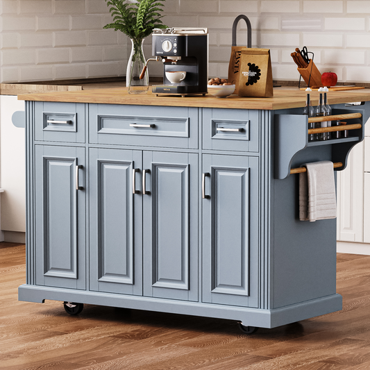 K&K 54inch Large Kitchen Island With Rubber Wood Drop Leaf, Embossed Texture Rolling Kitchen Cart On 4 Wheels With 4 Doors And 3 Drawers, Kitchen Island With Storage For Kitchen, Dining Room,Grey Blue