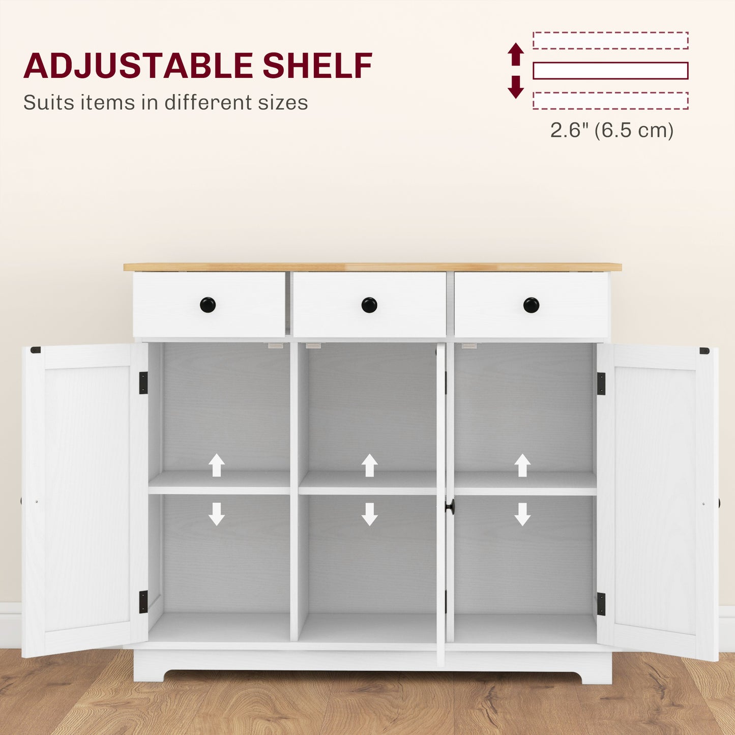 Kitchen Storage Cabinet, Sideboard Floor Cupboard With Solid Wood Top, Adjustable Shelf, And 3 Drawers, White
