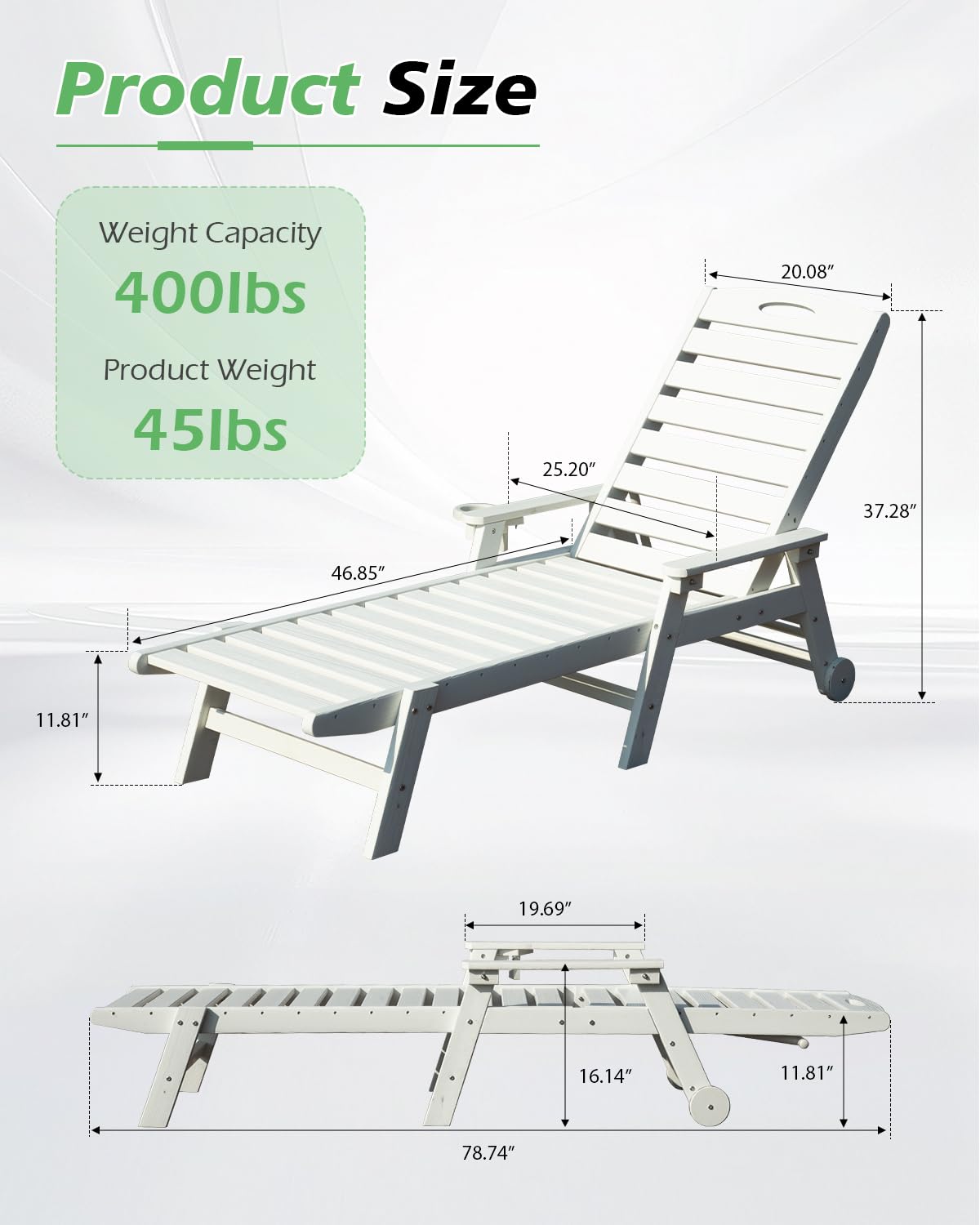 Outdoor Lounge Chairs Set Of 2, HDPE Pool Chaise Lounge Chairs For Poolside, Pool Loungers For Outside, Patio, Sunbathing Tanning, White