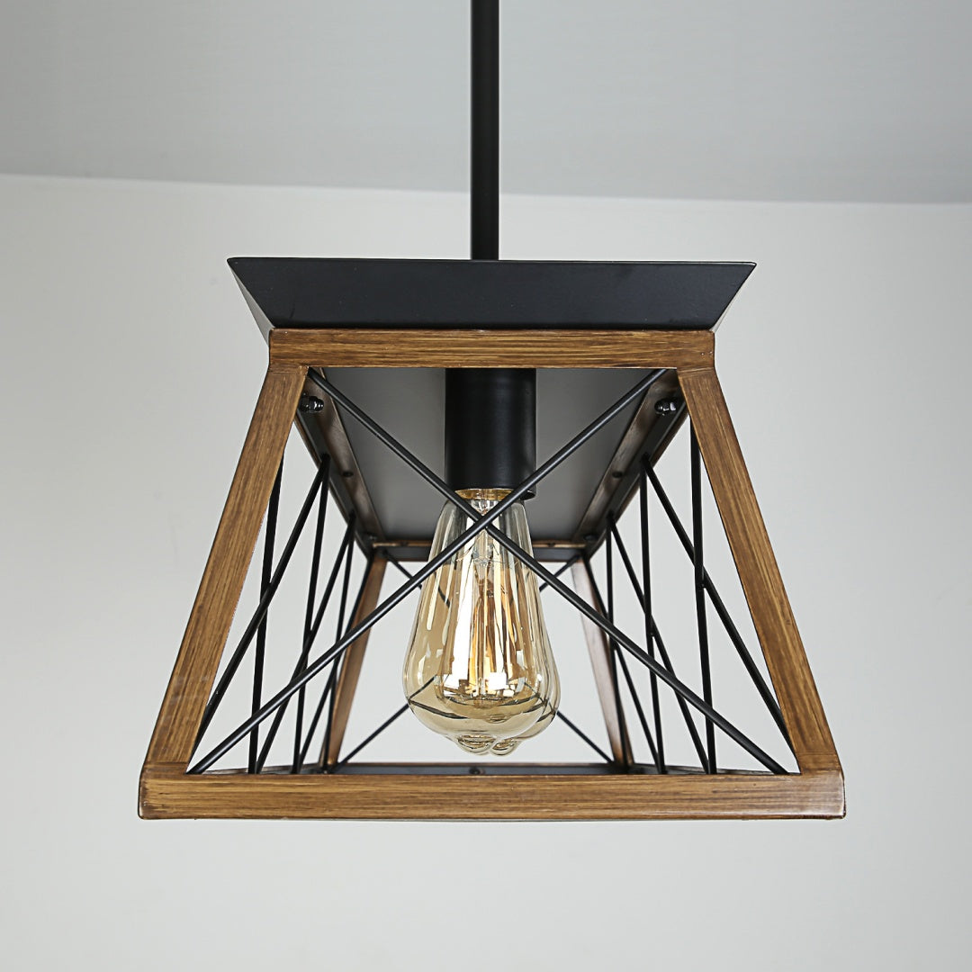 32in  Walnut Industrial 5-Light Pendant Chandelier, Modern Metal Cage Design, Adjustable Hanging Light For Dining Room, Kitchen, Living Room -No Bulbs