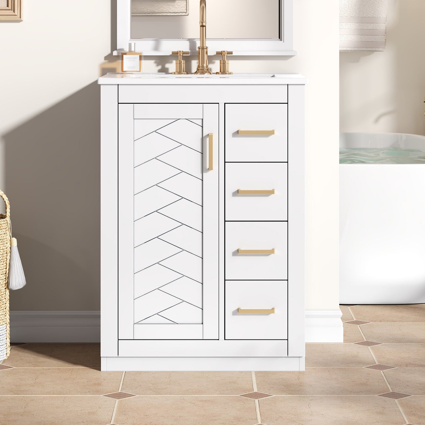 24   Bathroom Vanity With Integrated Ceramic Sink, Bathroom Cabinet With 1 Door, 3 Drawers, Single Sink Bathroom Vanity For Small And Medium Restroom, White