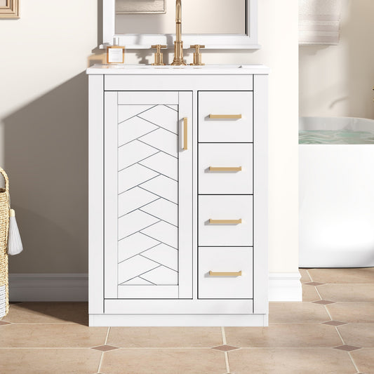 24   Bathroom Vanity With Integrated Ceramic Sink, Bathroom Cabinet With 1 Door, 3 Drawers, Single Sink Bathroom Vanity For Small And Medium Restroom, White