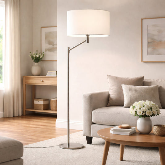 Horizon Brushed Nickel Table Lamp With On Off Switch Curved Metal Base Linen Shade