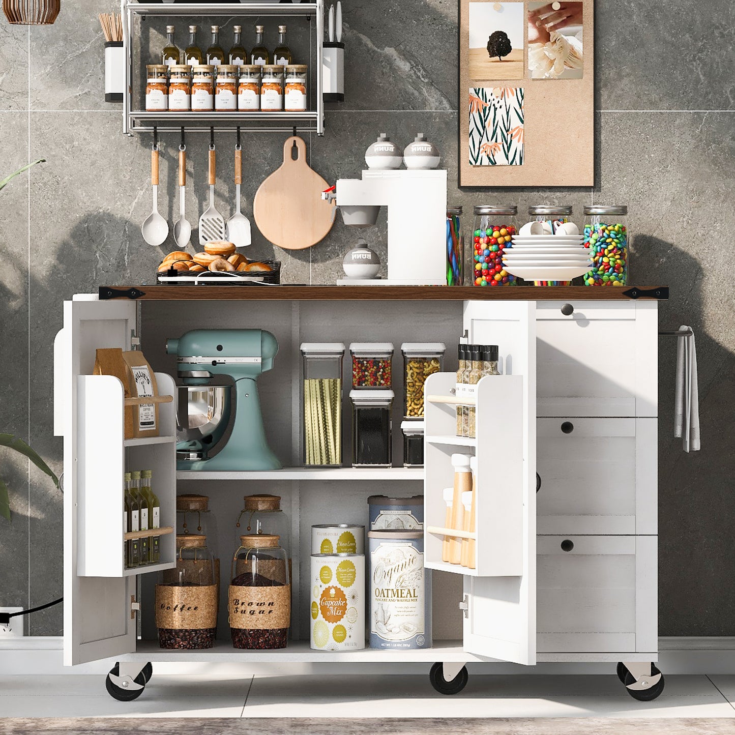 54.5 Farmhouse Kitchen Island With Power Outlet,Kitchen Storage Island With Internal Storage Rack,Drop Leaf,Spice Rack,Rolling Kitchen Cart On Wheels,for Home,Kitchen And Dining Room,White