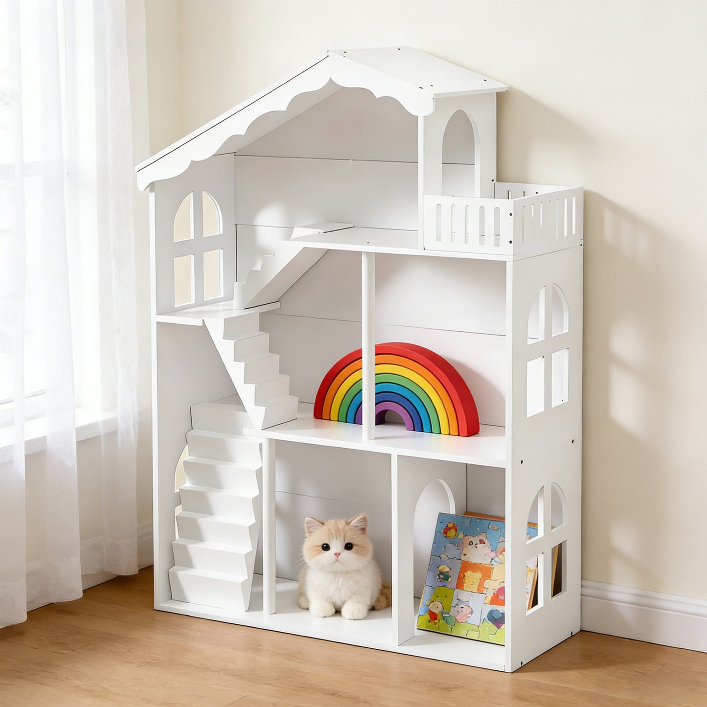 Kids Dollhouse Bookshelf 3 Tier Open Design Wooden Toy House Bookcase For Children Aged 3 And Above