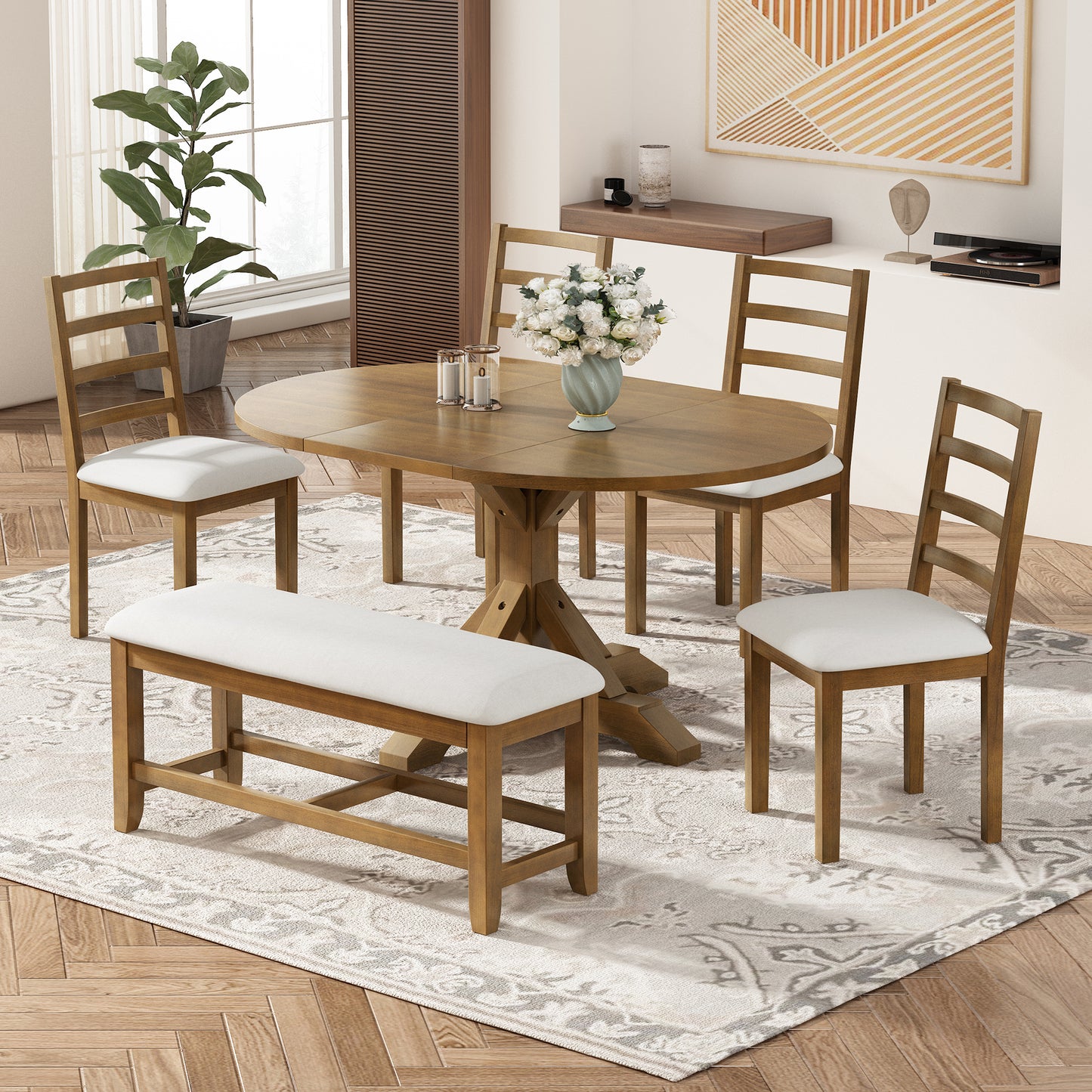 TOPMAX Farmhouse 6-Piece 60inch Extendable Pedestal Dining Table Set With 18inch Removable Leaf, 44inch Bench And 4 Ladder Back Dining Chairs, Dark Brown Beige OLD