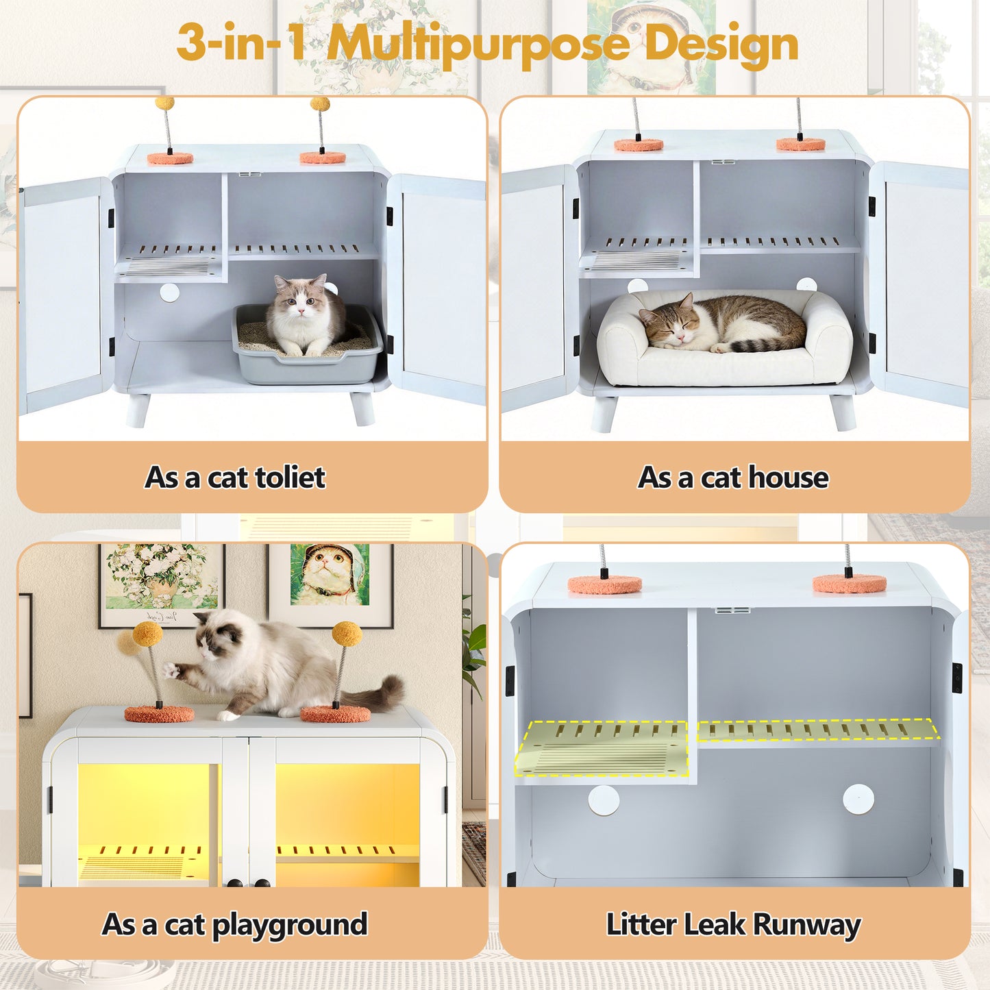 Cat Hidden Litter Box Enclosure With RGB LED Light, Cat House With Stairs And Cat Pom-pom Toys For Fun, Cat Washroom Cabinet With Litter Leak Walkway And Glass Doors For Better View,White