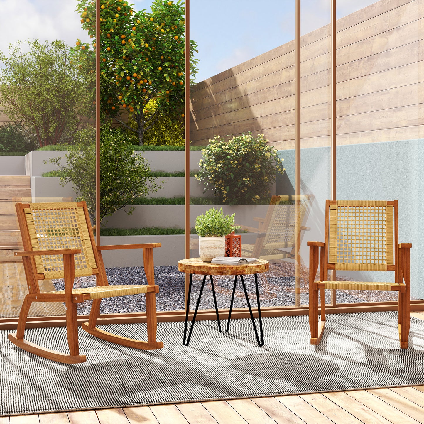 Outdoor Lawn Rocking Chair Set Of 2, Acacia Wood Patio Rocking Chairs With Wicker Back And Seat For Garden, Khaki
