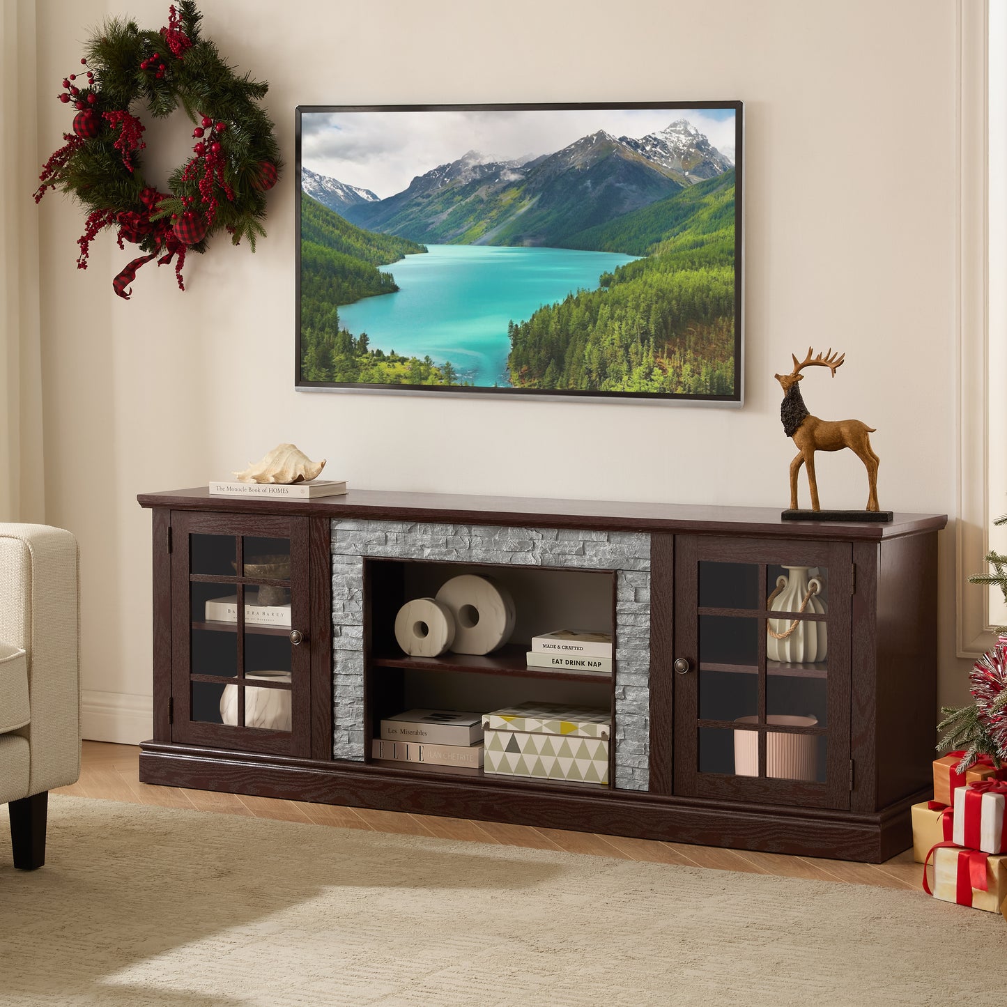 70  Modern TV Stand With 2-Door Storage, Faux Stone Media Console Cabinet, Cherry Large Entertainment Center For Living Room