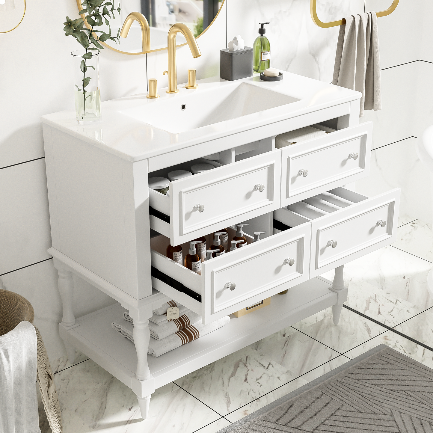 36 Bathroom Vanity Cabinet With Sink Combo Set, Undermount Ceramic Sink, Free Standing Vanity Set With 4 Drawers, Solid Wood Frame Bathroom Cabinet, White