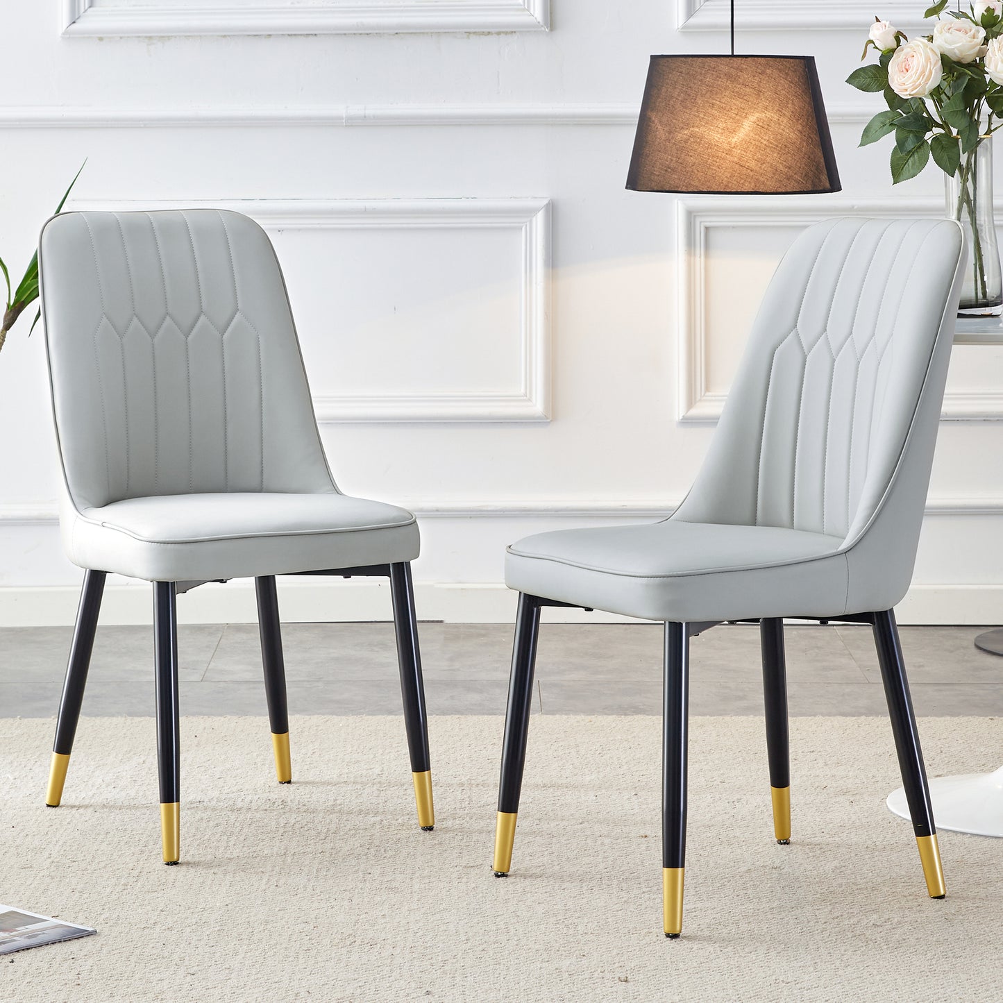 Light Gray Dining Chairs And Living Room Chairs. PU Material And Metal Legs, Suitable For Kitchen, Living Room, And Dining Room, 2 Piece Set  Light Gray PU C-007