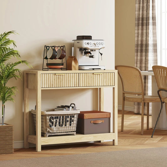Console Table With Storage, Narrow Entryway Table With Fluted Panel Drawers And Shelf For Hallway, Natural