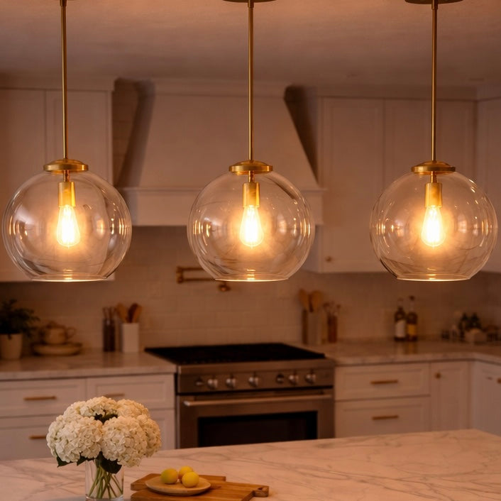 Gleam Single Light Pendant Lamp With Clear Globe Glass - Satin Brass
