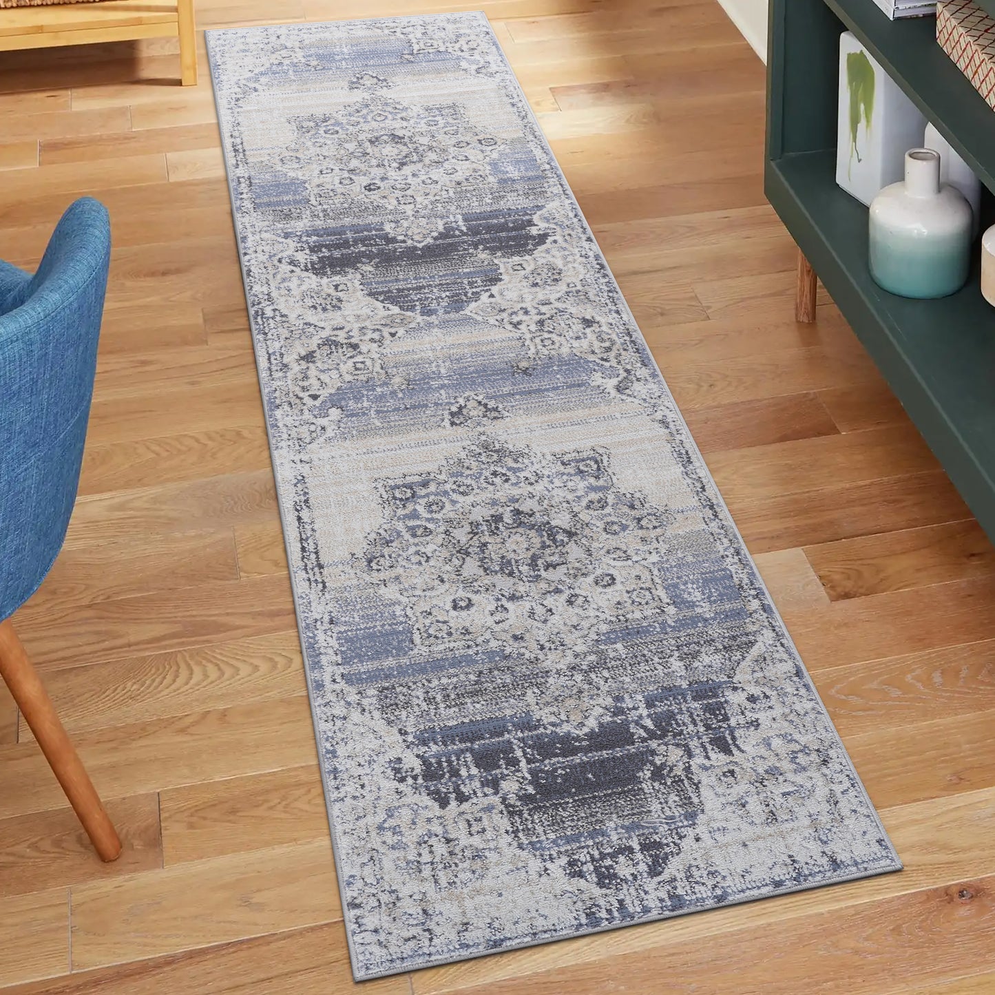 PAYAS  2X8 Cream  Blue  Medallion Runner Rug