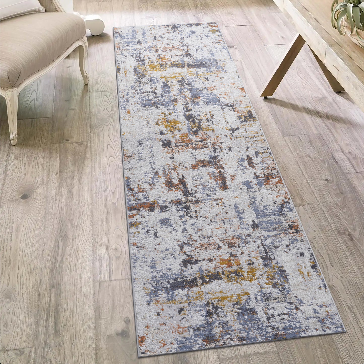 PAYAS 2X8 Ivory  Blue  Abstract Runner Rug