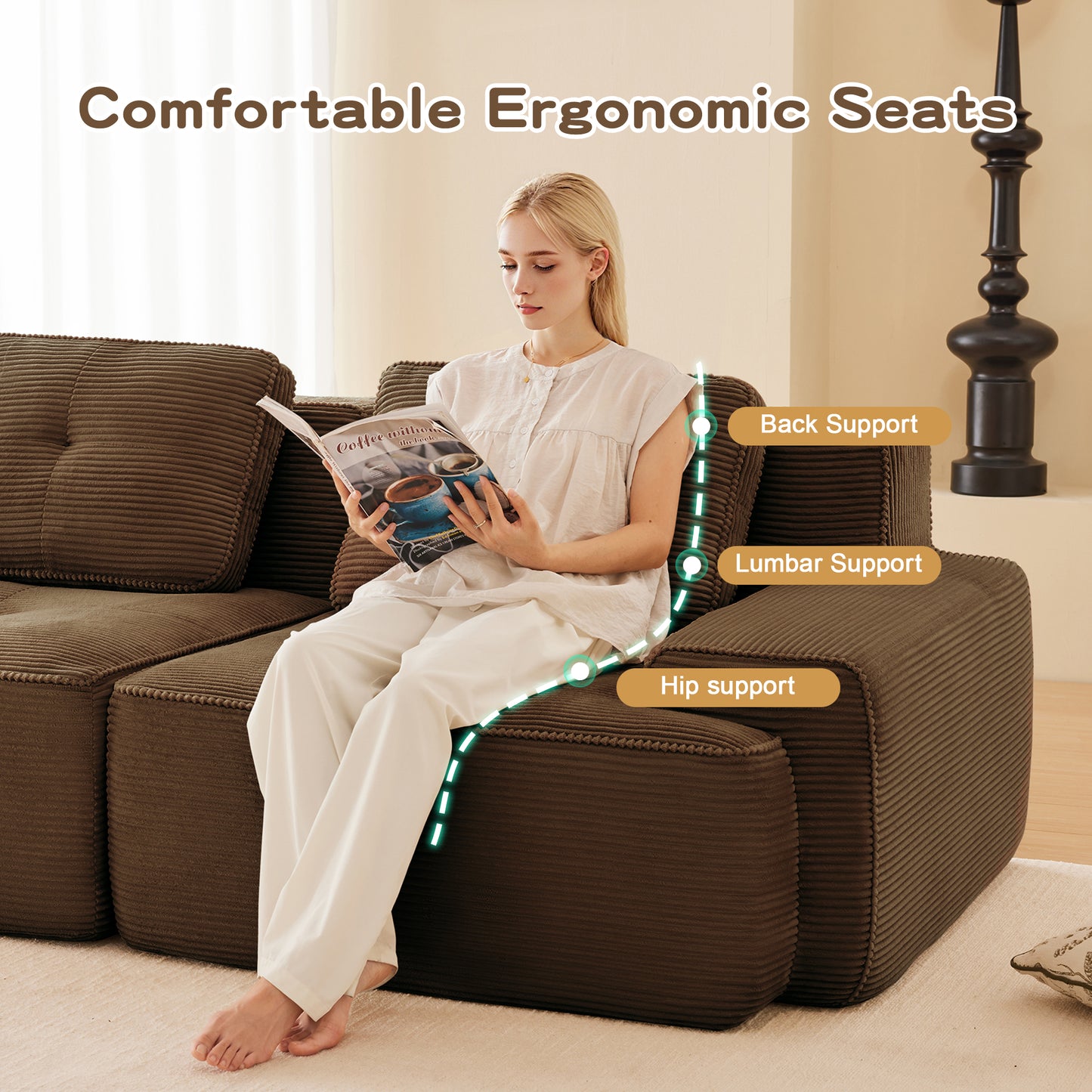 153 Modern L-Shaped Modular Sectional Sofa For Living Room, Corduroy Fabric, 4-Seater Couch With Deep Seat And Movable Ottoman, Pearl-like Piping, Tufted Design, No Assembly, Anti-slip Design,Brown