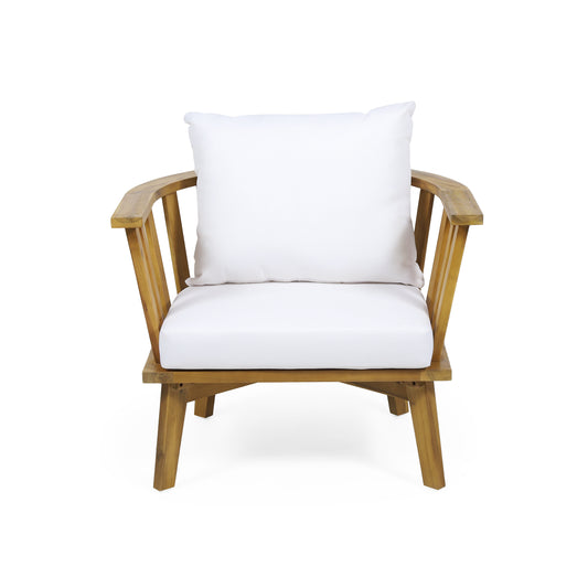 Outdoor Acacia Wood Patio Club Chair, Wooden Patio Furniture,Waterproof Thick Cushion Deep Seating For Porch, Garden, Backyard, Balcony, Weight Capacity 400lbs, Teak Finish, White