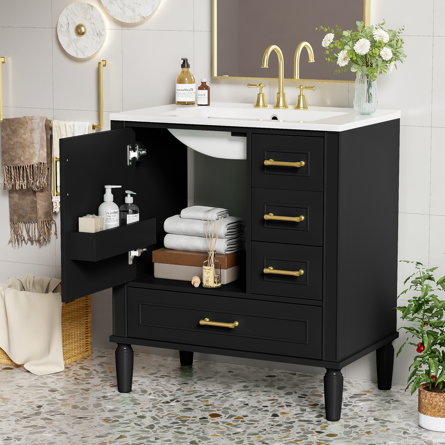 Traditional 30  Black Bathroom Vanity Set, Floor Standing, With Three Drawers, Soft Close Doors, With Long Gold Metal Handles - Perfect For Small Bathrooms