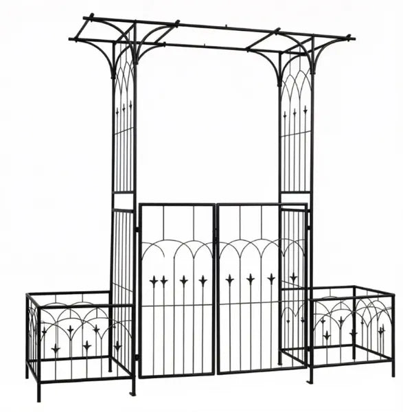 Metal Garden Arbor With Double Lockable Gate, Flat Top Garden Arch With Side Planter Boxes, Powder-Coated Climbing Plant Support