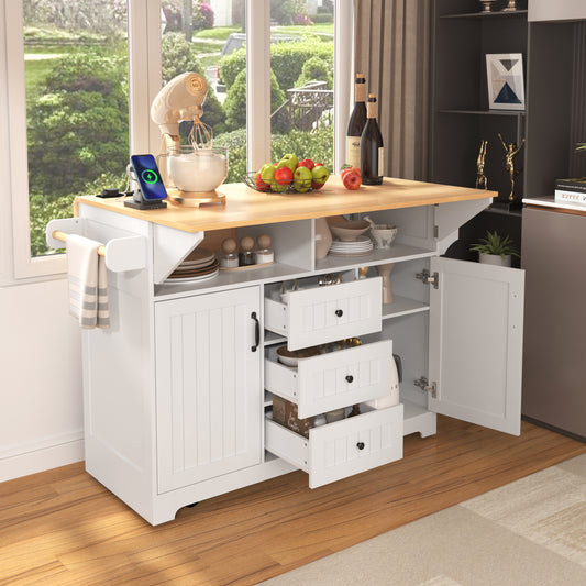 K&K 55.7  Large Kitchen Island With 2 Drop Leaf,, Rolling Kitchen Cart On 5 Wheels With Power Outlet, Folding Storage Dining Table With Spice & Towel Rack , 3 Drawers, For Kitchen, Dining Room,White