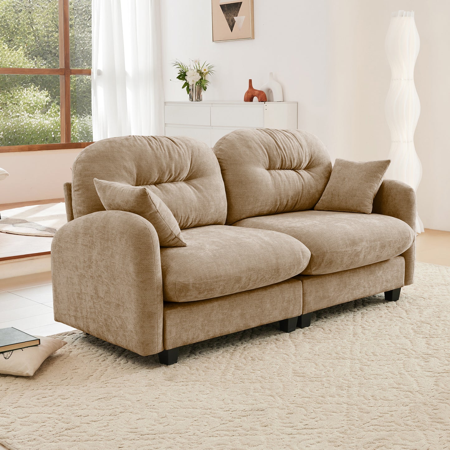 Loveseat Cloud Sectional Couches Chenille Fabric,Quilted Pleated Design, Ergonomic Design,High-Density Foam Easy Install Elegant Armrests High Quality Wooden Base,Fits Living Rooms,Camel