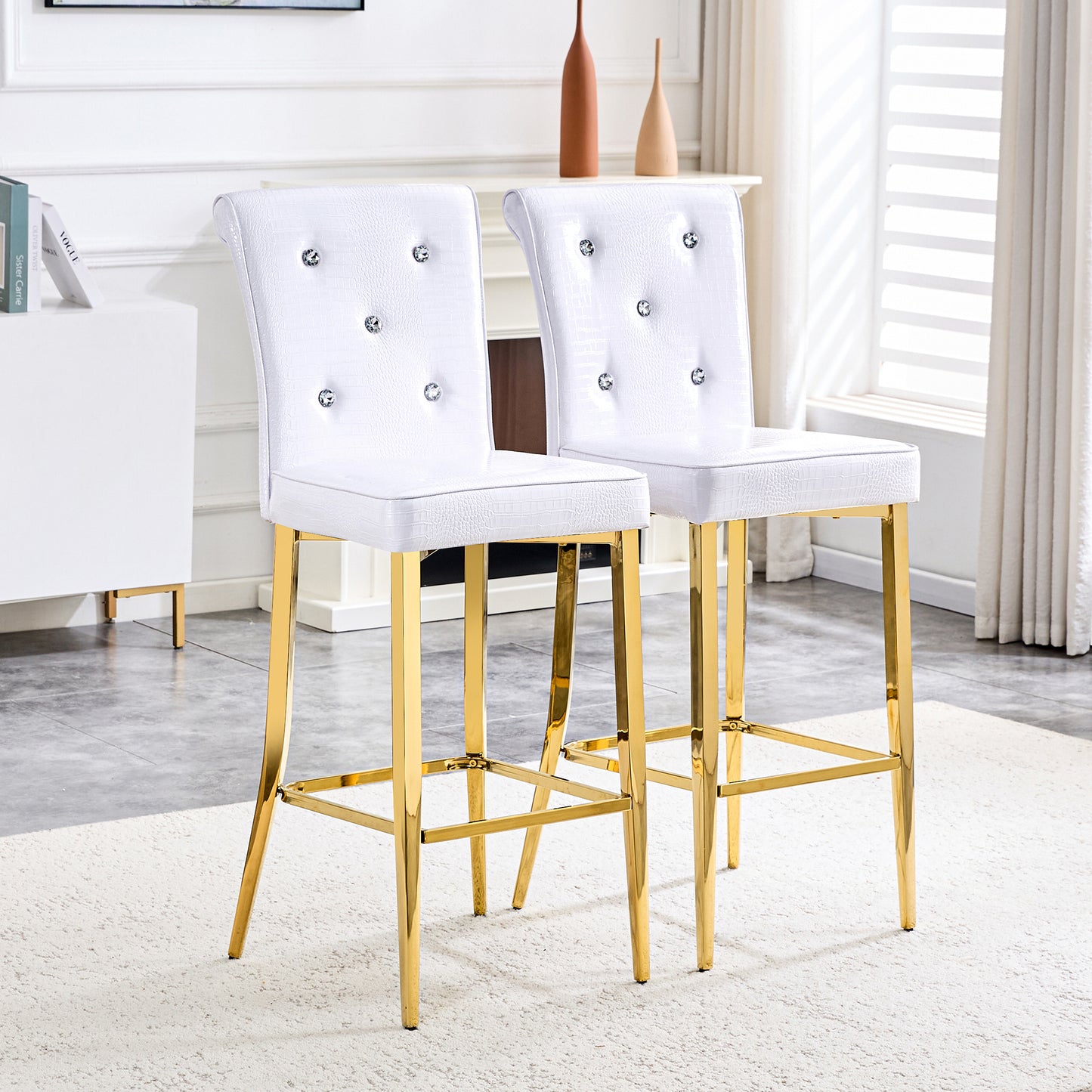 A Set Of 2 White And Gold Vintage Crocodile Leather Bar Chairs, Featuring Crystal Clasp Design And Synthetic Leather Design, Adding A Touch Of Elegance And Mystery To The Dining Area
