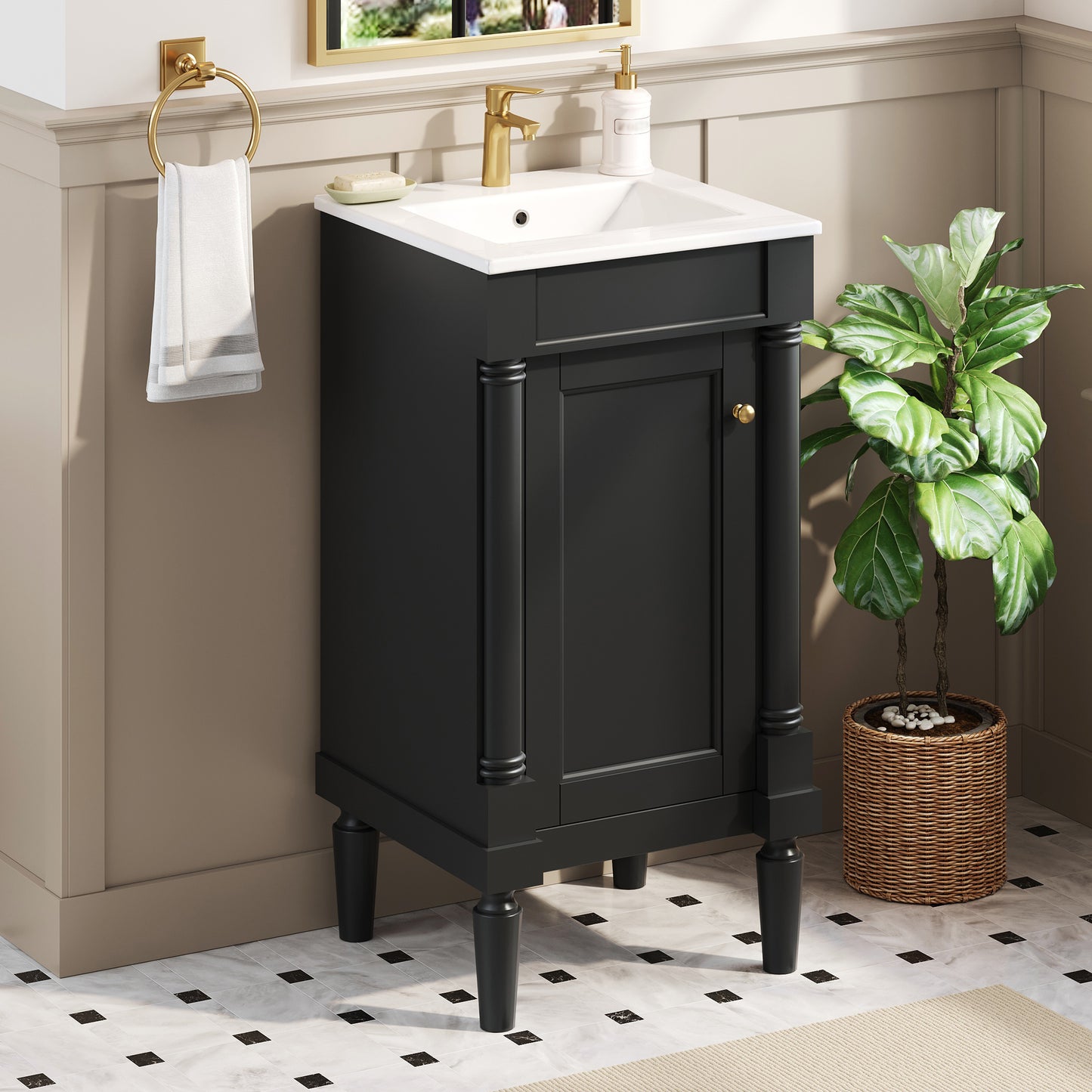 18   French Style Bathroom Cabinet With Storage, Small Space Solution With Ceramic Sink, Adjustable Shelf, Soft-Closing Hinges