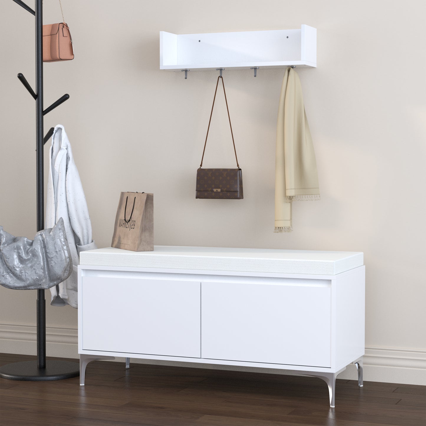 Wall-Mounted Entryway Shelf With Hooks And Storage Bench Set, Modern White Shoe Cabinet With Cushion And Closed Storage For Hallway, Bedroom, Or Mudroom