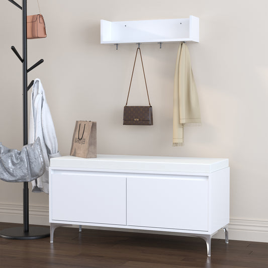Wall-Mounted Entryway Shelf With Hooks And Storage Bench Set, Modern White Shoe Cabinet With Cushion And Closed Storage For Hallway, Bedroom, Or Mudroom