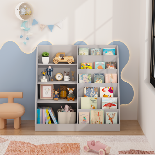 Kids Bookshelf And Toy Storage Organizer, Multifunctional 4 Tier Wooden Kids Book Shelf With  Bookcase Display Stand In Kids Room Playroom Nursery For Kids, Children, Toddlers Gray