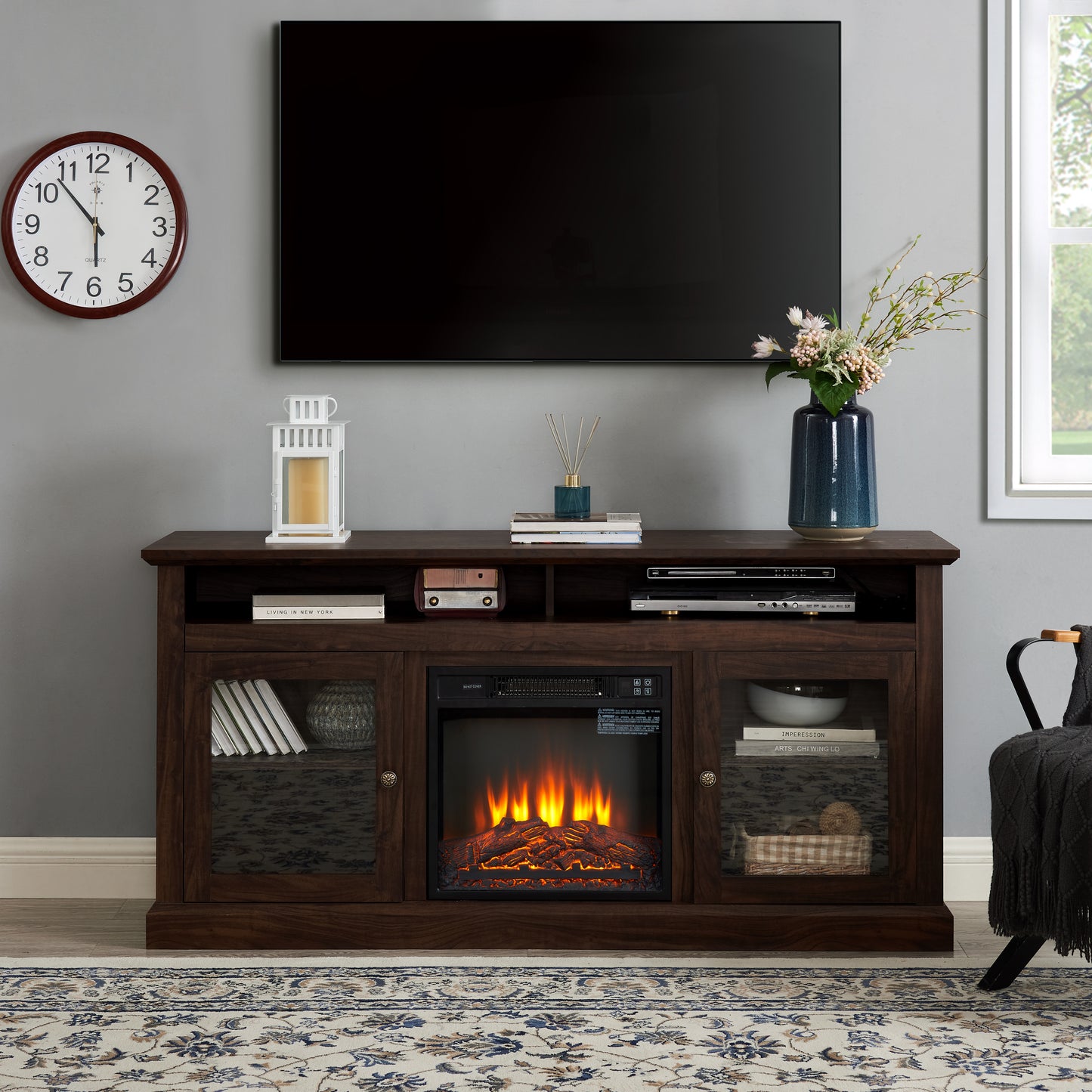 Contemporary TV Media Stand Modern Entertainment Console With 18  Fireplace Insert For TV Up To 65  With Open And Closed Storage Space, Brown, 60 Wx15.75 Dx29 H