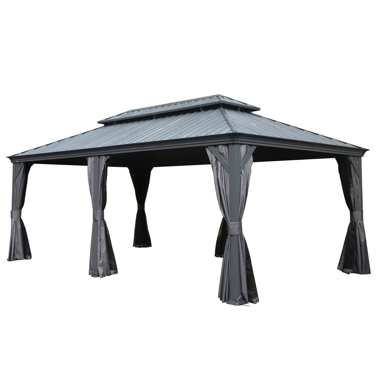 12  X 20  Hardtop Gazebo, Upgraded Metal Gazebo With Drainage System, Dual-Layer Galvanized Steel Roof, Curtain And Netting, Outdoor Shelter Canopy For Patio, Garden, And Backyard, Grey