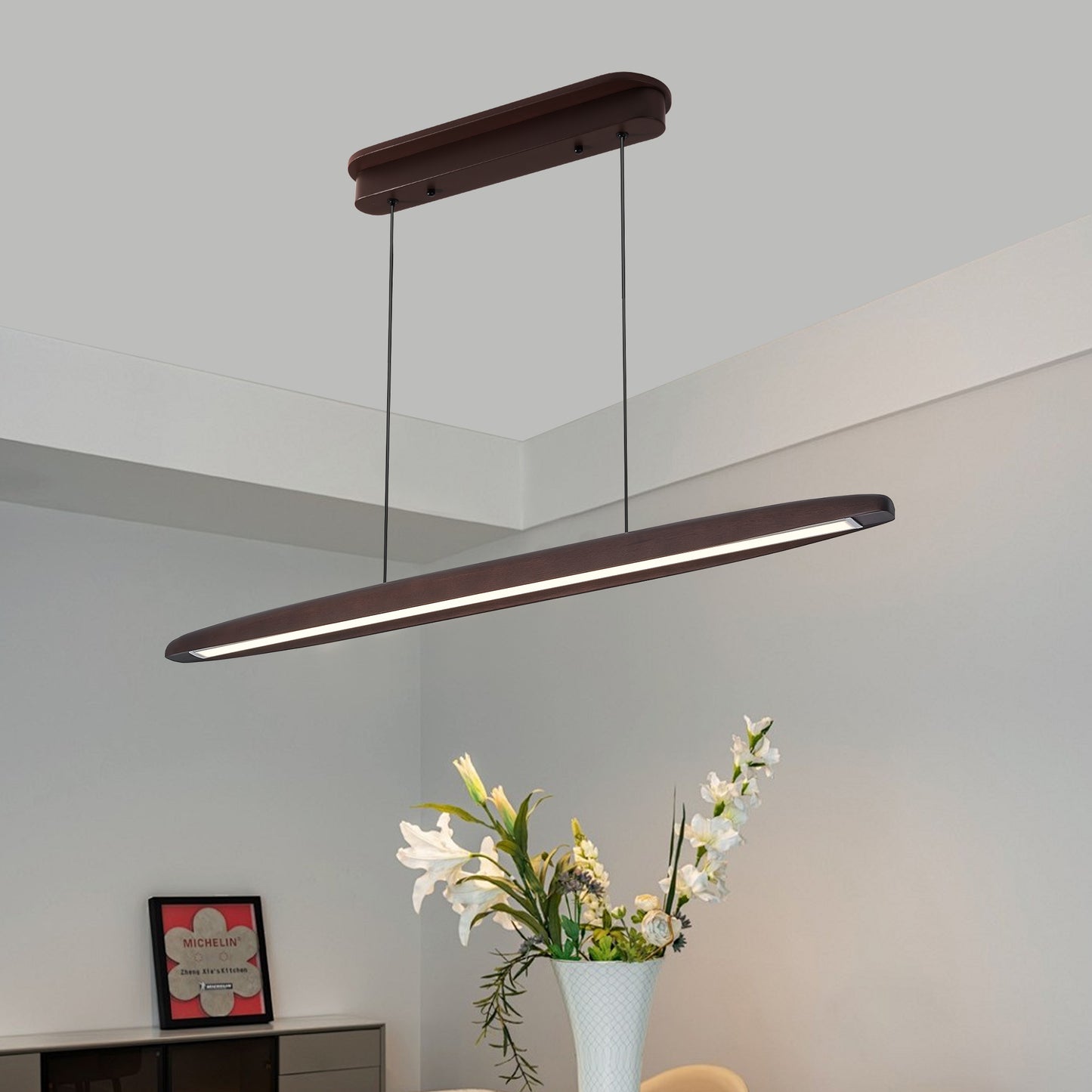 51-inch Streamline Wooden LED Pendant Light With Remote Control, Adjustable Hanging Light For Dining Room, Kitchen, Living Room  Contemporary Walnut Wood Finish