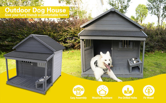 Large Dog House, Long 44.2  X Wide 44.6  X High 44.6  Solid Wood Asphalt Roof Dog House With Large Terrace For Large Dogs, Weatherproof Large Dog House  Improved ,Small Wooden Doors That Can Be Locked