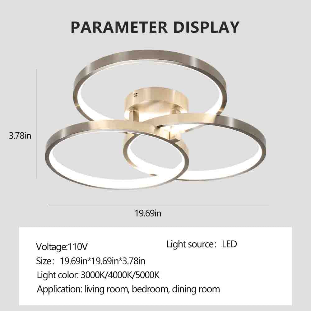 20in Modern LED Ceiling Light Fixture - Circular 3-Ring Design, Dimmable, Contemporary Brushed Nickel Finish For Living Room, Bedroom & Office