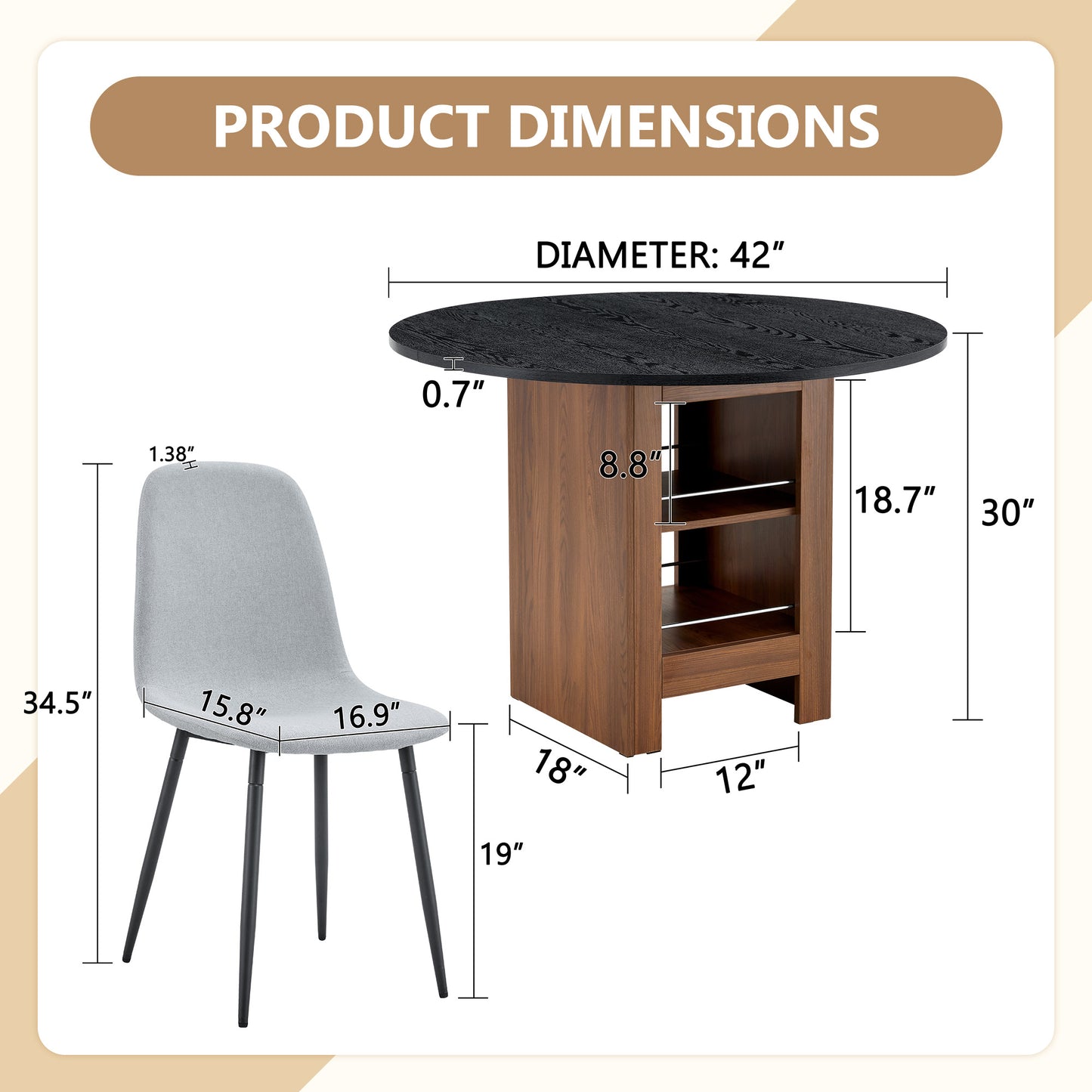 Table And Chair Set. 42 Inch Round MDF Black Dining Table With Double-layer Storage Shelves, Stable Frame. Paired With 4 Light Gray Linen-Cotton Material High Resilience Dining Chair With Metal Leg.