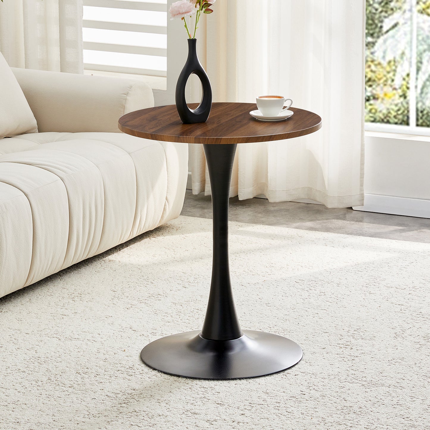 Round Dining Table, 23.6in Circle Tulip Table With Thickened Tabletop & Metal Pedestal, Mid Century Modern Bistro Table For Kitchen, Small Places, Living Room, Cafe  Faux Walnut