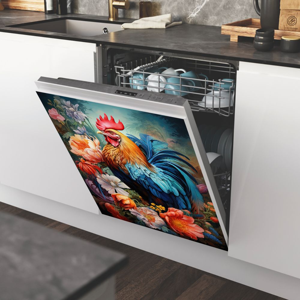 1 Piece 2D Flat Dishwasher Magnet Cover, Rooster And Flowers - Refrigerator Door Sticker, Easy To Clean Appliance Panel Sticker
