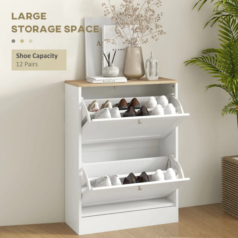 Slim Shoe Storage Cabinet, Modern Shoe Cabinet With 2 Flip Drawers And Adjustable Shelves For 8-12 Pairs, White