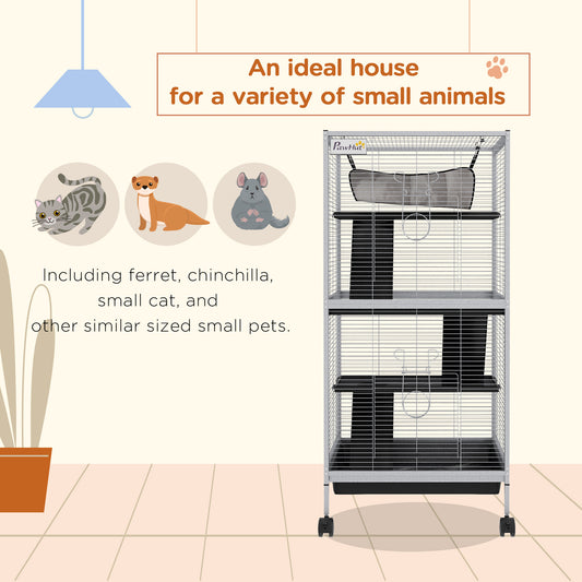 45" H Rolling Small Animal Cage With Hammock, Ferret Cage, Chinchilla Cage, Pet Habitat With 6 Doors, Removable Tray