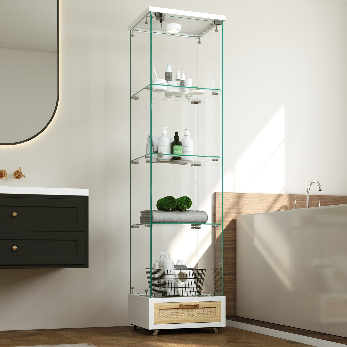 Modern Glass Display Cabinet With Drawer , Quick-assembly Antique Cabinet With LED Lights, Tempered Glass Bookshelf,  1-Door Storage Case With 4 Shelves  For Living Room And Bedroom, White And Natural