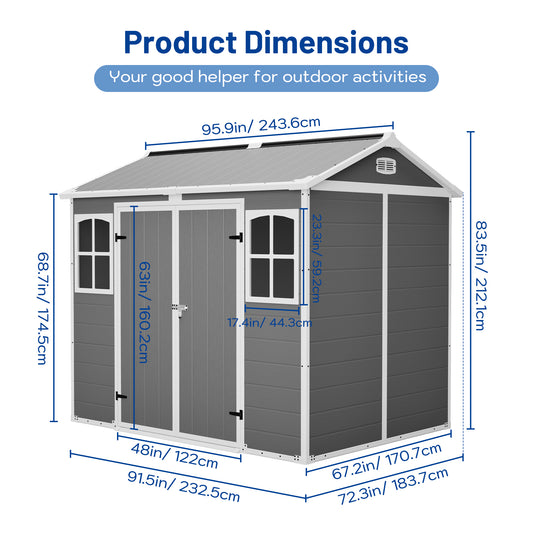 Plastic Utility Shed 8x6 Ft With Floor  Lockable Storage Shed For Garden Tools & Trash Bins, All-Weather Outdoor Organizer In Gray-White