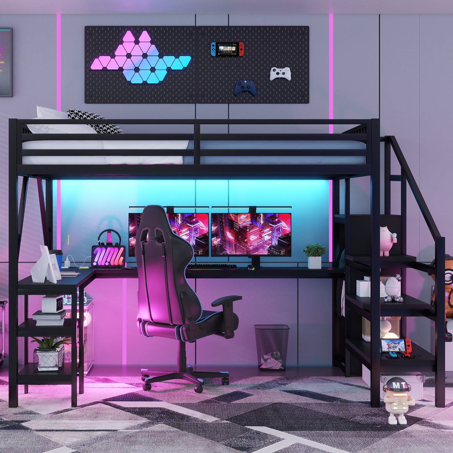 Metal Queen Loft Bed With Wardrobe And LED Light, Queen Size Loft Bed With L Shaped Desk And USB For Kids Teens Adults, BlackOld SKU W2593S00043,Expect Arrival Date 2026 3 7